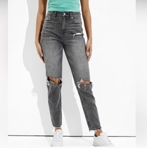 American Eagle Mom Ankle Jeans Black Stonewash Distressed 6 Long NEW NWT